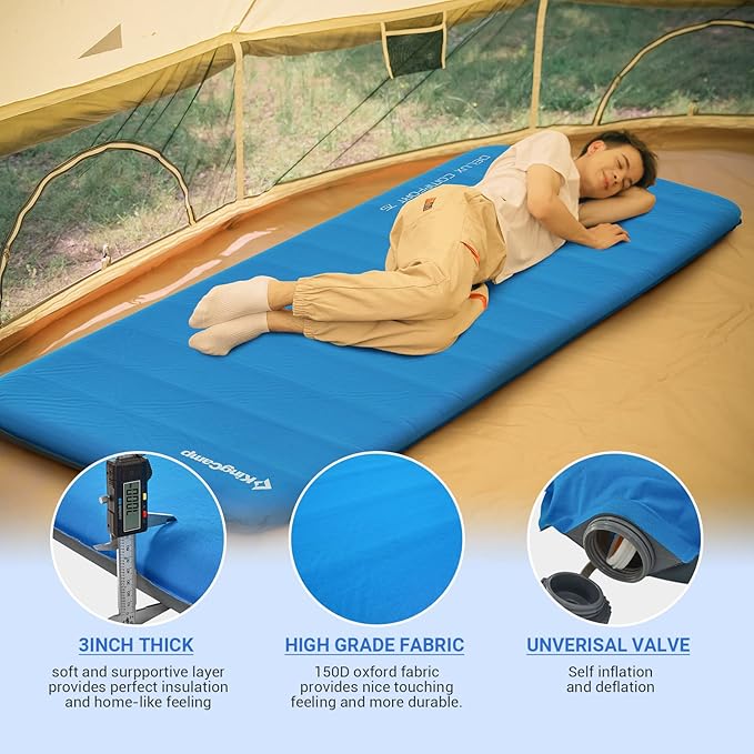 KingCamp Self Inflating Air Mattress, R 6.5 Foam Sleeping Pad for Single Adult 3" Thick Camping Mat Camping Essentials with Perforated Foam Core for Outdoor Tent Cot Car Backpacking (Blue/Charcoal)