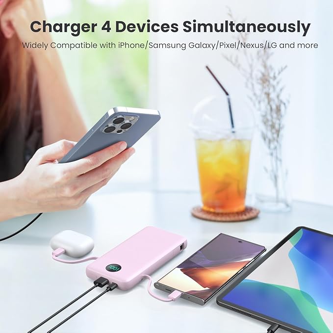 Portable Charger 13800mAh Slim USB C Power Bank with Built in Cables and Wall Plug,LCD Display Lightweight Travel Battery Pack,PD Fast Charging Compatible with iPhone 15,14,Samsung Android-Pink