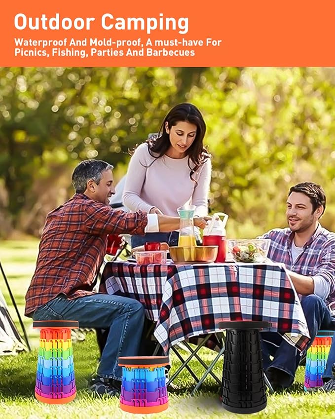 Collapsible Stool with Large Load Capacity,Portable Lightweight Folding Stool for Adults,Collapsible Chair Telescoping Design for Outdoor Fishing,Hiking,Travel,BBQ(Orange-Rainbow)