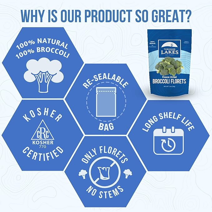 Thousand Lakes Freeze Dried Vegetables - Broccoli Florets 4-pack 1.2 ounces (4.8 ounces total) | 100% Florets - No Stems | No Salt Added