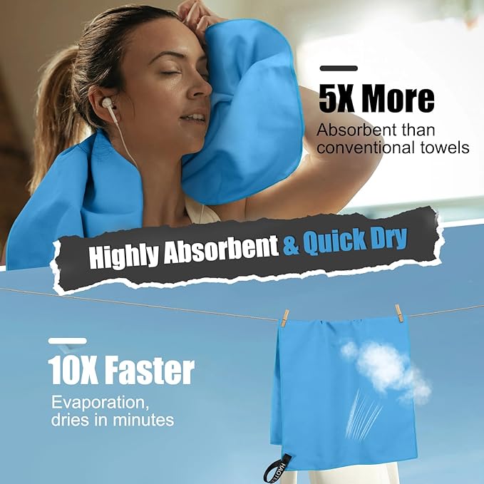 Quick Dry Travel Towel, 3 Sizes 1 Pack Camping Microfiber Towel, Lightweight Fast Drying Towels Set 60"x30", 30"x15", 15"x15" w/Bag for Gym, Beach, Hiking, Swimming, Light Blue