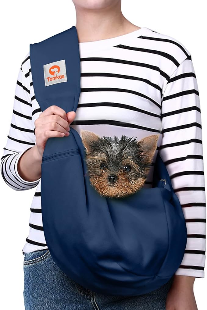 Tomkas Small Dog Sling Carrier - Zipper Pocket & Adjustable Strap - for 3-10 lbs Pets(Dark Blue)