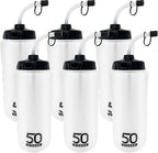 50 Strong 1 Liter BPA-Free Plastic Round Sports Water Bottle with Straw - 6 Pack