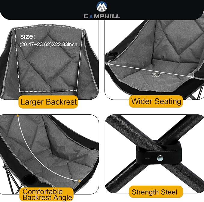 Folding Camping Chair,Oversized Portable Camping Chair with Cup Holder and Phone Holder,Heavy Duty Padded Lawn Chair for Camping, Tailgates, Beach, and Sports