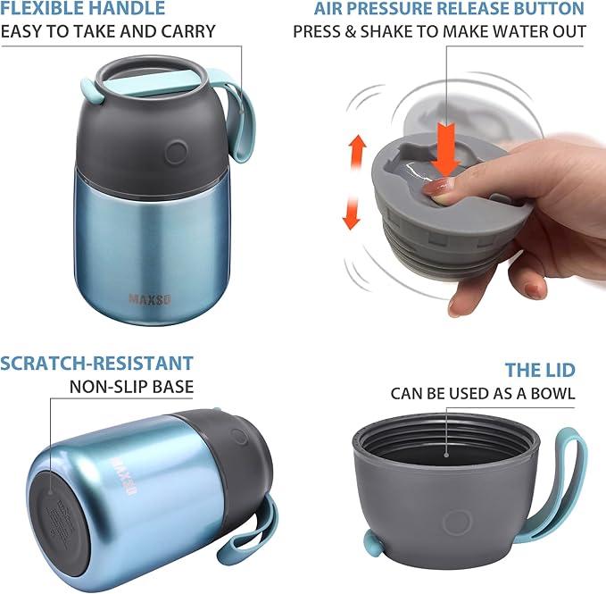 MAXSO Soup Thermo for Hot & Cold Food for Adults Kids, 17 oz Vacuum Insulated Steel Lunch Container Bento Box with Spoon, Leakproof Thermal Food Jar for School Office Travel - Shinny Blue