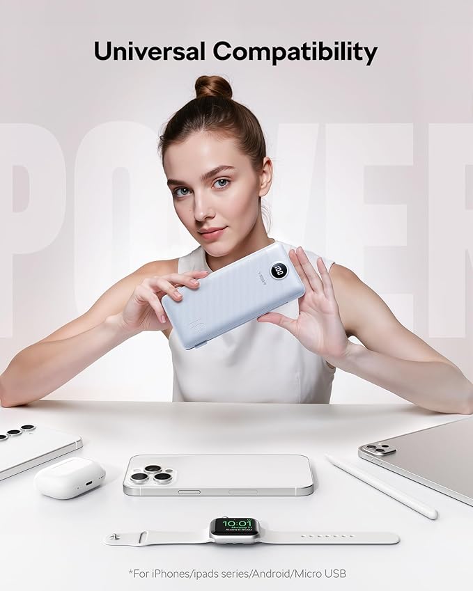 VEGER All-in-One Travel Portable Charger with Built-in AC Plug & Cables, 10000mAh Slim Power Bank Battery Pack, 15W Fast Charging for iPhone, Samsung, Android - White