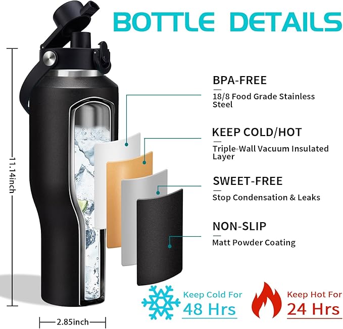 40 OZ Stainless-steel Insulated Water Bottles - Cold 48H & Hot 24H, Leak-Proof Metal Water Flask with Sleeve, Protective Boot, BPA Free Vacuum Insulated 40oz Water Bottle Fits In Cup Holder