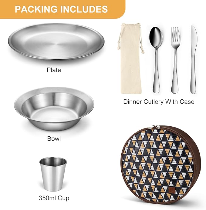 Odoland Stainless Steel Camping Mess Kit for Family & Person, Cooking Tableware Utensils with Plates Bowls Forks Spoons Knives & Savings Bag for Camping, Backpacking, Hiking, Picnic