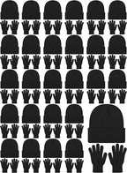 Suhine 200 Pieces Winter Beanies Gloves Sets Include 100 Black Warm Knitted Hats Bulk and 100 Gloves for Men Women Homeless