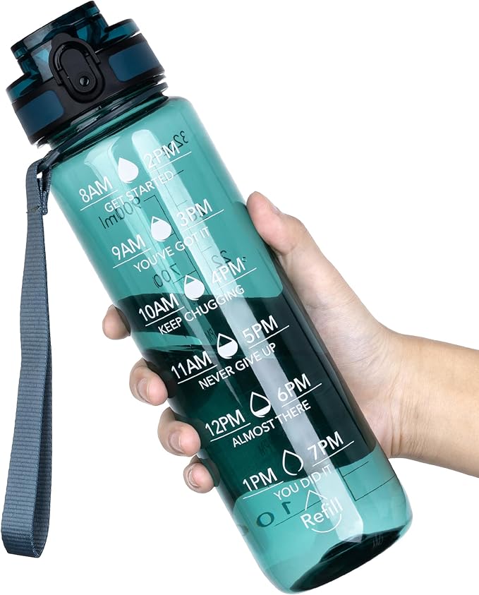 OLDLEY Water Bottle, 32oz Motivational Sports Water Bottle with Time Marker - Times to Drink - Tritan, BPA Free, Wide Mouth Leakproof, Deep Sea (1 Bottle)