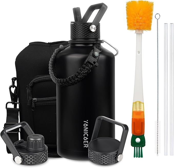 Insulated Water Bottle 87oz,Triple Wall Vacuum Stainless Steel(Dishwasher Safe),Leak Proof & Non-BPA,Flask Jug with Paracord Handle & Straw Spout Lids Sports Black
