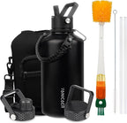 Insulated Water Bottle 87oz,Triple Wall Vacuum Stainless Steel(Dishwasher Safe),Leak Proof & Non-BPA,Flask Jug with Paracord Handle & Straw Spout Lids Sports Black