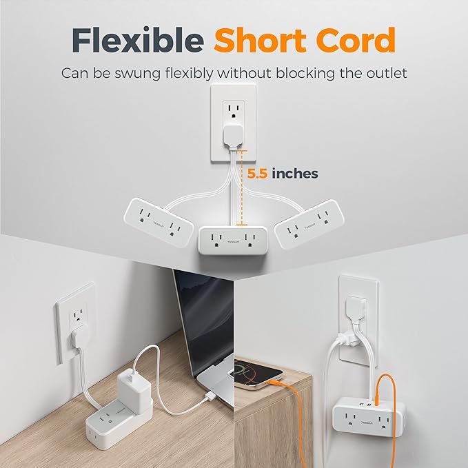 TESSAN Short Extension Cord 0.5Ft, Flat Plug Outlet Extender Surge Protector with 4 Widely AC with 3 USB Ports (1 USB C), Multi Plug Small Power Strip for Travel, Home Office College Dorm Essentials