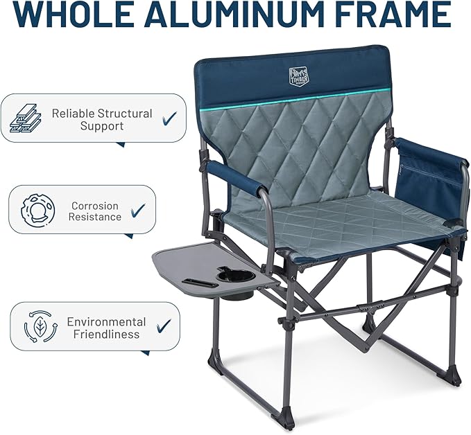 TIMBER RIDGE Aluminum Camping Directors Chair with Side Table Pocket, Portable Folding Heavy Duty Lawn Chair for Fishing Trip Picnic Concert Outdoor 400lbs, Navy 2 Pack
