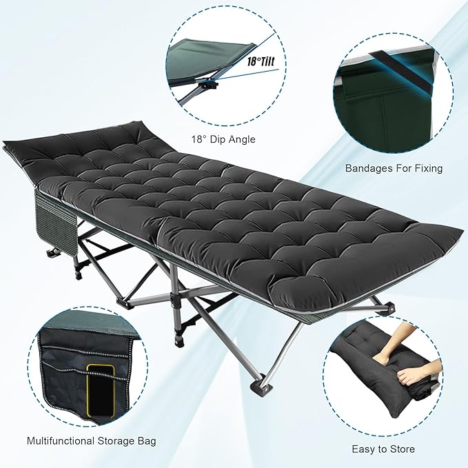 Camping Folding Cot with Mattress for Adults with 600lbs Max Load, Heavy Duty 28" Wide Portable Sleeping Camp Cot with Carry Bag for Home, Office, Travel - Black