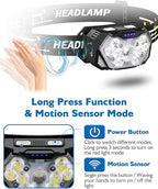 2000LM Ultra Bright 9 LED Headlamp, 2 Pack USB C Rechargeable Headlights, 10 Modes, Motion Sensor, Waterproof Head Lamp Flashlight with Red Light, Adjustable Headband for Adults Camping