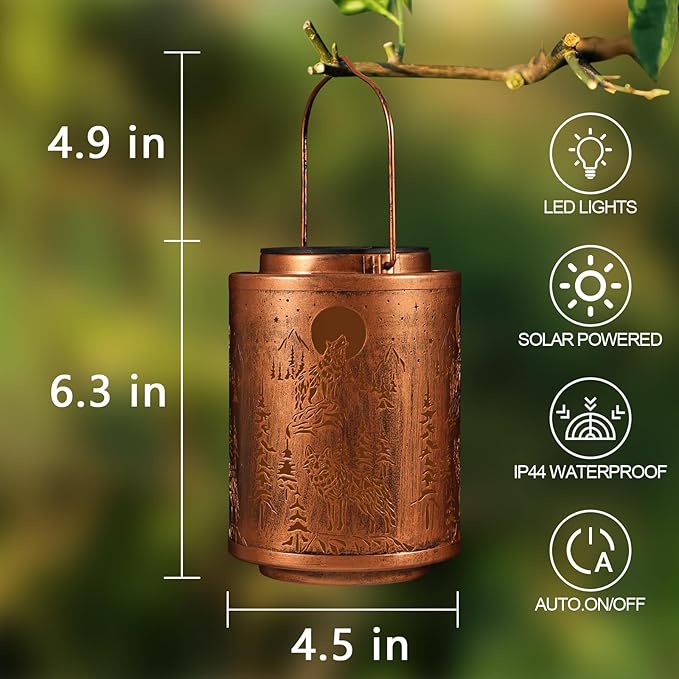 Solar Lanterns Garden Decor Birthday Gifts for Women Mon Grandma Metal Hanging Solar Lights Waterproof Outdoor Decoration for Outside LED Lanterns for Yard Patio Lawn Pathway(Wolf)