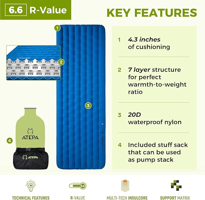 ATEPA ThermAir Pro Backpacking Sleeping Pad, 6.6 R-Value Insulated Ultralight Inflatable Sleeping Pad Folding Camping Pad with 7 Layers & Storage Bag for Camping Backpacking, Wide Long Size (78"x27")