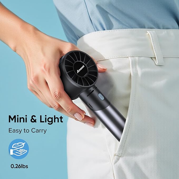 AMACOOL Portable Handheld Turbo Fan, 17Hrs Runtime, 4 Speeds Wind, Cool Metal Body, Rechargeable Battery Personal Fan, Mini Pocket Fans for Girl Woman Man Travel Makeup Camping Outdoor-Black Grey