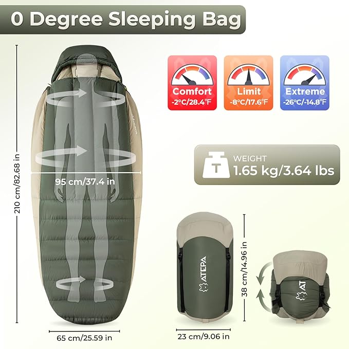 ATEPA Down Sleeping Bag, 700FP Mummy Cold Weather Ultralight 3 Season Compact Packable Waterproof Sleeping Bag with Stuff Sack for Backpacking Camping Hiking Traveling