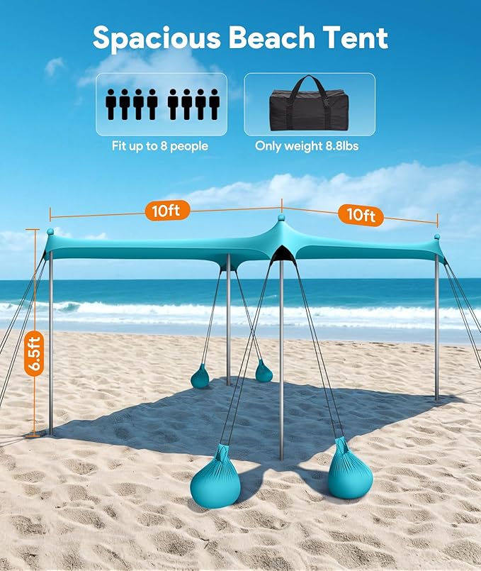Beach Tent Sun Shelter, 10 x 10 FT Beach Canopy Tent Sun Shade, UPF50+ Tents Canopy with 8 Sandbags & 4 Stability Poles, Outdoor Tents for Camping Fishing, Light Blue
