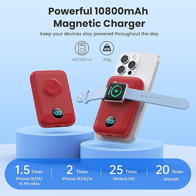 Magnetic Portable Charger for iPhone, 10800mAh 4-in-1 Wireless Power Bank with iWatch Charger, 25W PD Fast Charging Battery Pack for Magsafe, iPhone 16/15/14/13/12 Series, Apple Watch (Red)