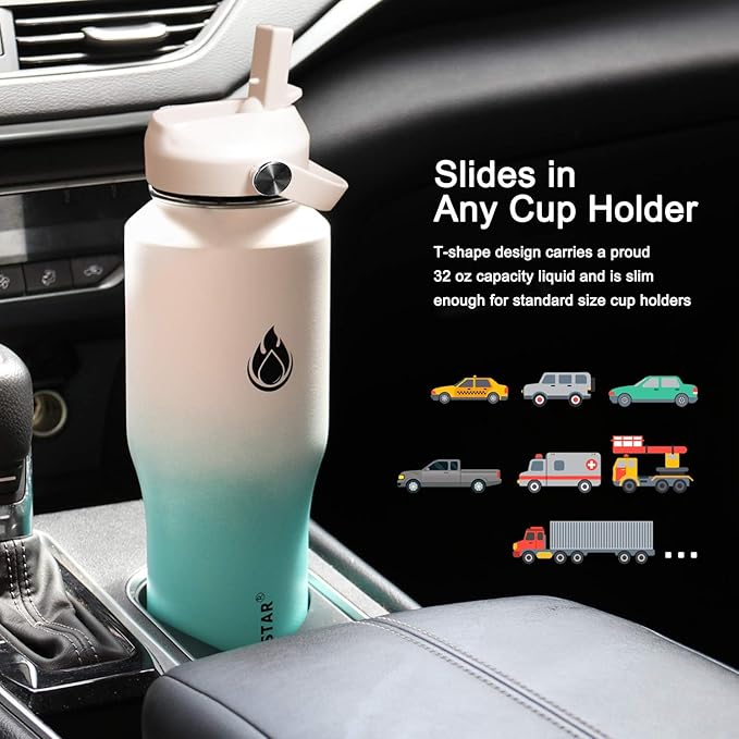 SENDESTAR 32oz Water Bottle Wide Mouth Stainless Steel Vacuum Insulated Double Wall with 2 Straw Lids Fit in Any Car Cup Holder TXIN-32-WT-1