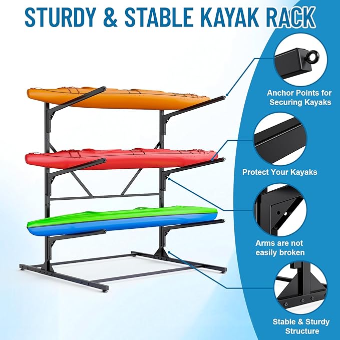 Kayak Storage Rack, Heavy Duty Freestanding Kayak Rack for Garage and Outdoor Storage, Kayak Stand Adjustable for Kayak, Canoe, Surfboard and Paddle Board