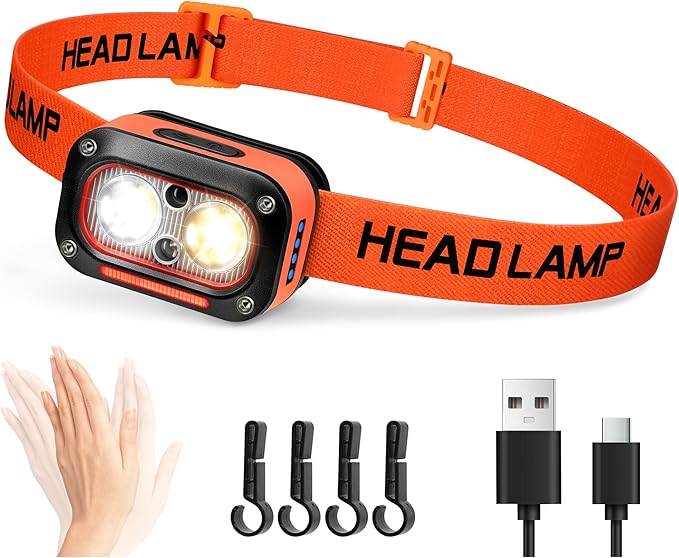 DARKBEAM LED Headlamp High Lumens USB Rechargeable Dual Light Headlight for Hardhat with Motion Sensor, Red Warning Light Up/Down Adjustable, Waterproof Head Lamps for Camping, Car Maintenance