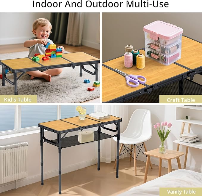 3ft Camping Table Foldable with Storage Net and Bag, 3 Adjustable Heights High 27.5" Aluminum Camping Table, Portable, for Outdoor Indoor Backyard BBQ Cooking Party Picnic Beach, Yellow