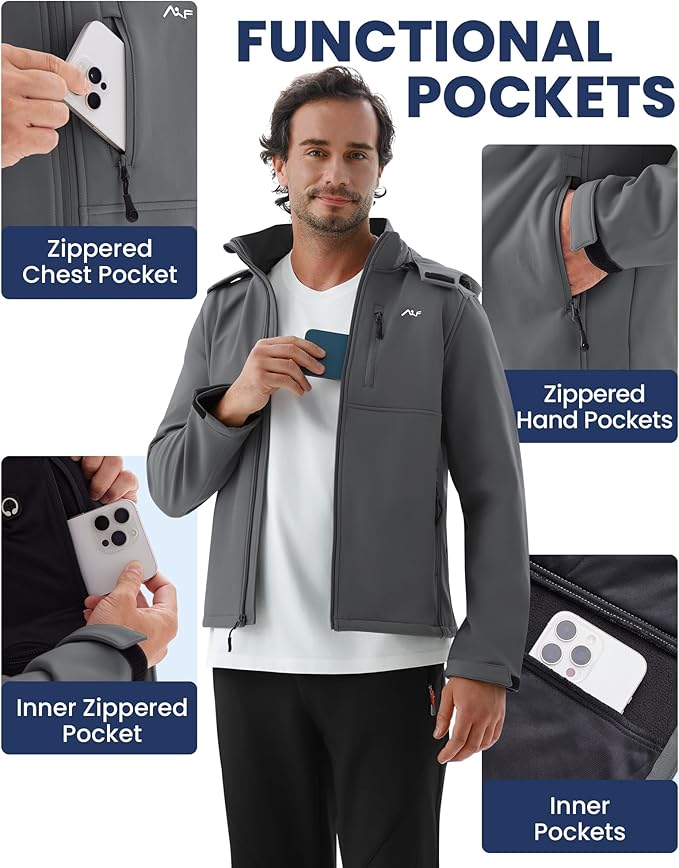WULFUL Men's Softshell Jacket Waterproof Lightweight Insulated Windbreaker Fleece Lined Rain Shell Jacket for Hiking Travel