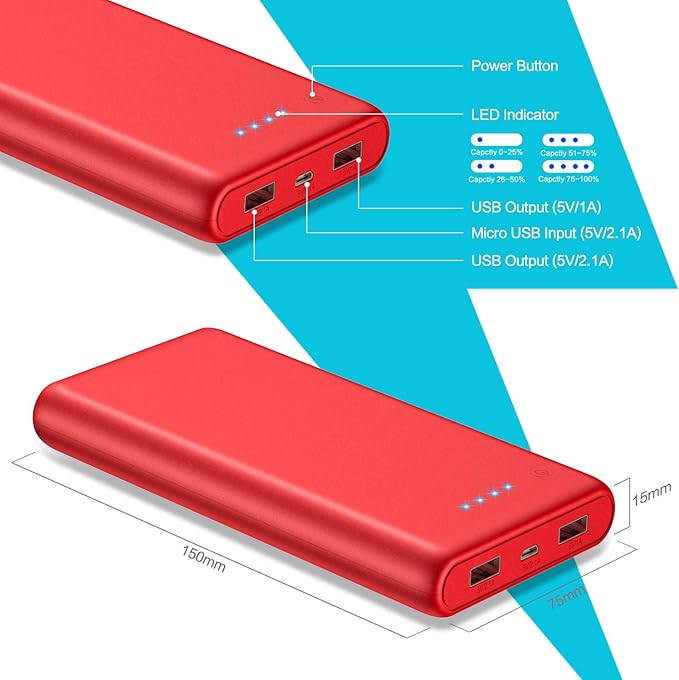 Portable Charger Power Bank 26800mah,Ultra-High Capacity Safer External Cell Phone Battery Pack,2 USB Output High Speed Charging Power bank Compatible with iPhone 16 15 14 13 12 Samsung Android LG-Red