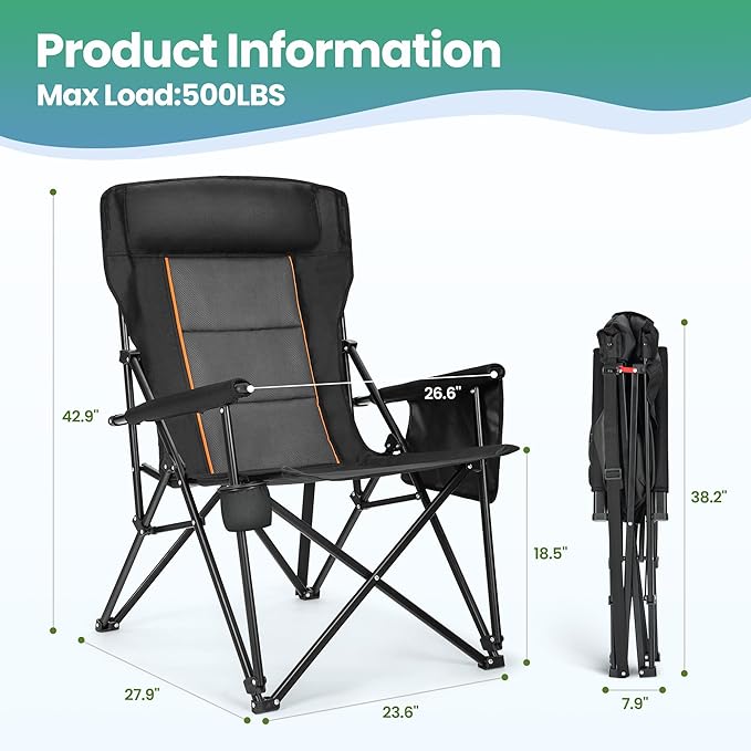 HIGH POINT SPORTS Oversized Folding Camping Chairs for Adults, High Backrest Heavy Duty Lawn Chairs Support 500 LBS Portable Collapsible Camp Chairs with Cup Holders,Side Pocket, Black