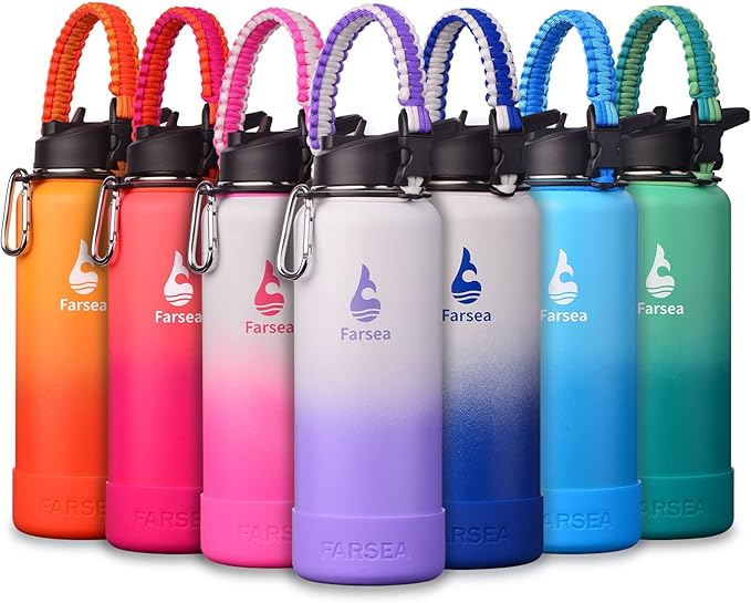 Farsea Insulated Water Bottle With Paracord Handle, Protective Silicone Boot and 2 Lids (Straw Lid & Spout Lid), Stainless Steel Water Bottle Wide Mouth, Double Wall Sweat-Proof BPA-Free, 40 oz
