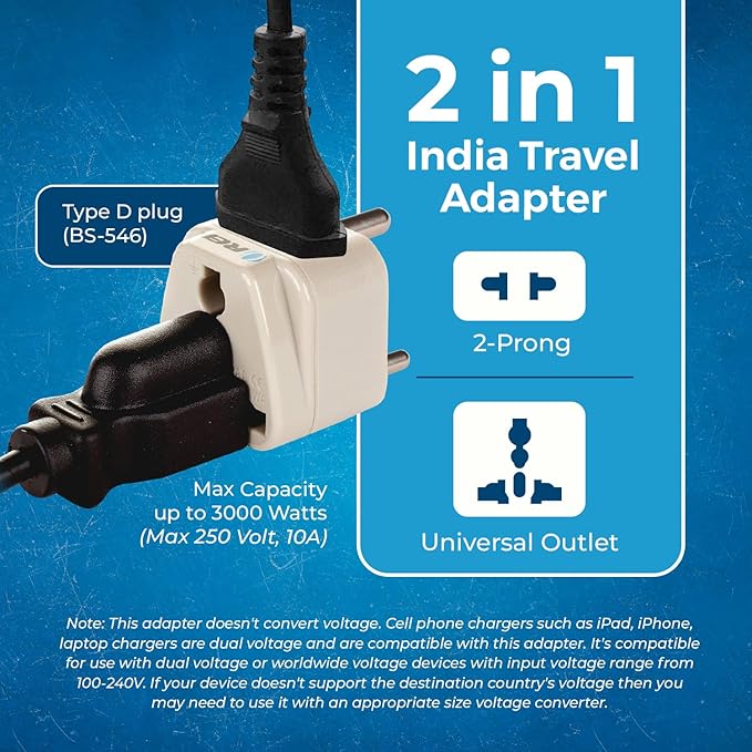 OREI World (USA, UK, China & More) to India (Type D) Travel Adapter Plug - 2 in 1 - CE Certified - RoHS Compliant - 4 Pack - White Color (DB-10-4PK) (Beige)
