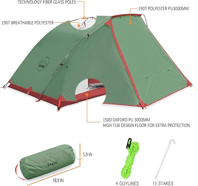 KAZOO 2／4 Person Camping Tent Outdoor Waterproof Family Large Tents 2/4 People Easy Setup Tent with Porch Double Layer