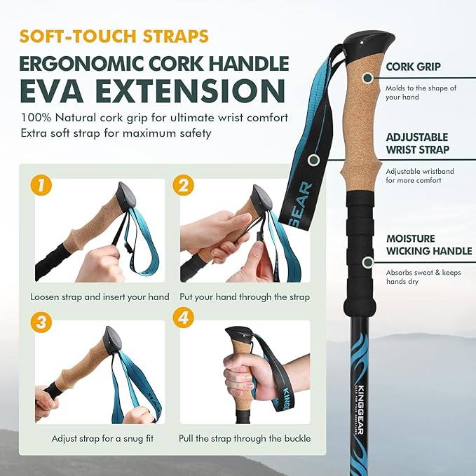 KINGGEAR TPC 100% Carbon Fiber Hiking Poles, Telescopic Retractable Nordic Trekking Poles, Ultra Lightweight Nordic Walking Stick, Metal Flip Locks, Cork and Extended EVA Handle