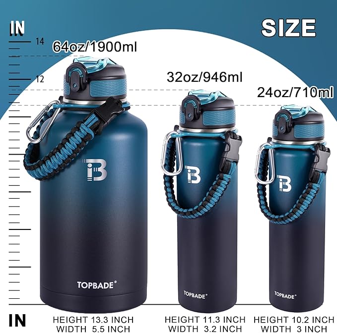 32oz Insulated Water Bottle with Straw Lid & Spout Lid & Paracord Handle, Stainless Steel Water Bottle Wide Mouth, Double Wall for Women Men Gym Fitness Outdoor
