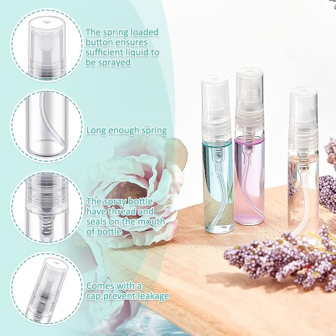 Zhehao 200 Pcs Mini Spray Bottles 5 ml Clear Glass Perfume Bottles Refillable Fine Mist Perfume Atomizer Portable Empty Sample Containers for Cleaning, Essential Oils, Travel (Clear Cap)