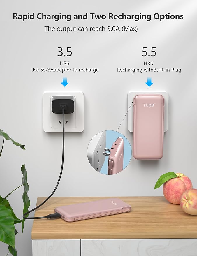 2-Pack 10000mAh Phone Portable Charger Power Bank, Built in 2 Cables and AC Wall Plug, Fast Slim USB C Charging Battery Pack Power Bank Compatible with iPhone, Android, White & Pink