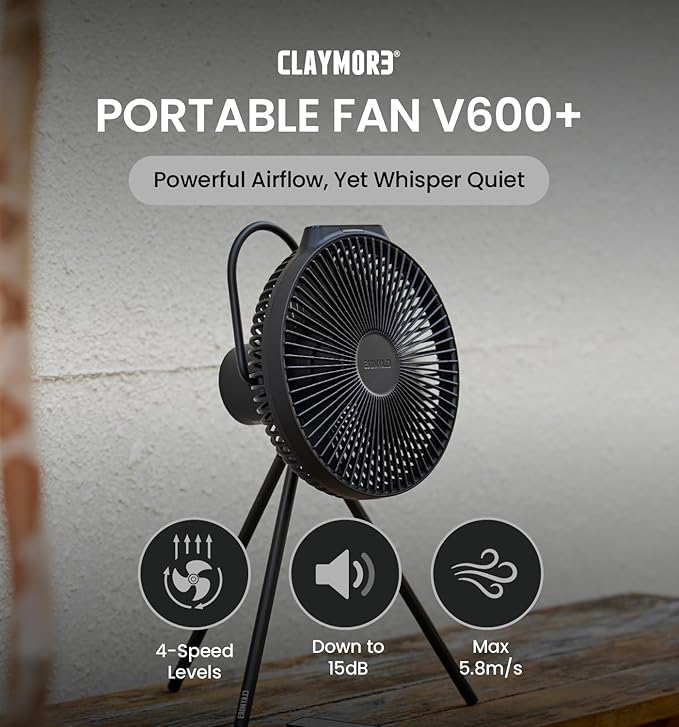 Claymore V600+ Rechargeable Camping Fan(Black) – 7,800 mAh Battery Operated Portable Fan for Indoor & Outdoor Use, 4-Speed Quiet Air Circulator, USB‑C Charging, Timer, Carry Pouch Included