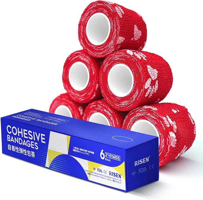 RISEN Cohesive Bandage 2” x 5 Yards, 6 Rolls, Self Adherent Wrap Medical Tape, Adhesive Flexible Breathable First Aid Gauze Ideal for Stretch Athletic
