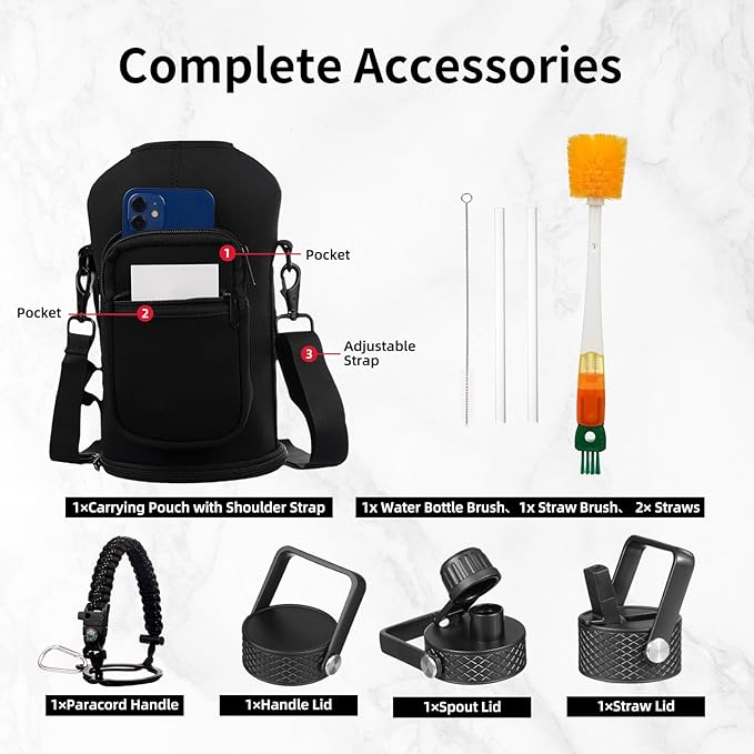 Insulated Water Bottle 87oz,Triple Wall Vacuum Stainless Steel(Dishwasher Safe),Leak Proof & Non-BPA,Flask Jug with Paracord Handle & Straw Spout Lids Sports Sakura