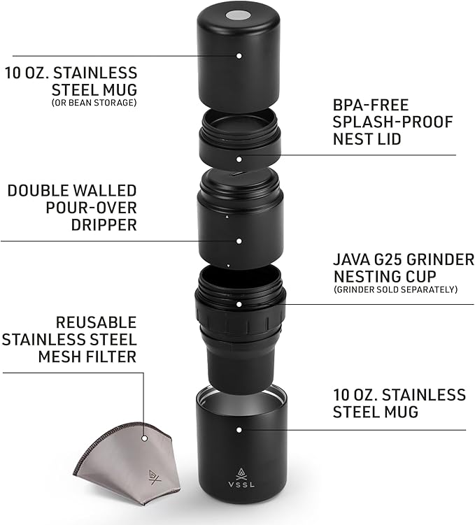 Nest Pour Over Coffee Kit | Coffee Maker for Camping | All-In-One Travel Pour Over | Transportable Dripper, Two 10oz Stainless Steel Travel Mugs | Compact Storage & Adventure Ready | Black