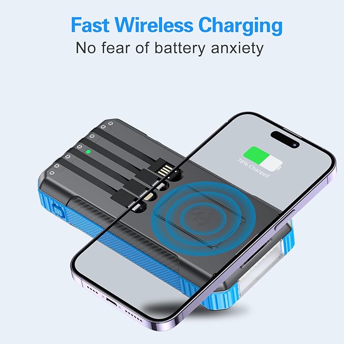DJKK Solar Power Bank Portable Wireless Charger 52800mAh Built in 4 Cables and LED Camping Lights 22.5W Fast Charging Power Bank 7 Outputs 4 Inputs Charger Compatible with All Mobile Devices (Blue)