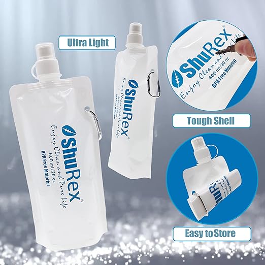 4 Pack 20oz/ 600ml Collapsible Water Pouch for Sawyer Squeeze Mini Water Filtration System, Compatible with Membrane Solutions and Other Water Filter Straw; Foldable Water Bottle, Reusable, BPA-Free