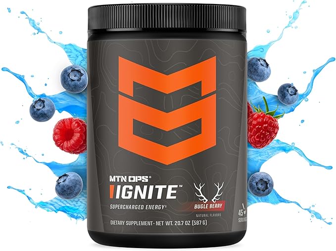 MTN OPS Ignite Energy Drink Powder, Gluten Free Nootropic Supplement Drink Mix, L Arginine, L Citrulline, Caffeine & Nootropic Sugar Free Drink Mix, 45 Servings, Bugle Berry