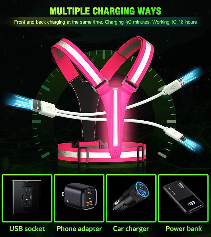 Led Light Up Running Vest Reflective Vest for Runners Night Walking, Rechargeable LED Reflective Running Vest High Visibility with Adjustable Waist/Shoulde, Reflective Armband for Women Men
