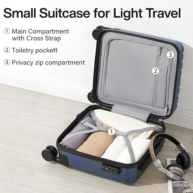 Hanke 14 Inch Underseat Carry On Luggage with Wheels Hard Shell Suitcases Lightweight Small Luggage for Weekender Mini Suitcase Carry On Bag Travel Luggage Christmas Gifts for Birthday (Dark Blue)