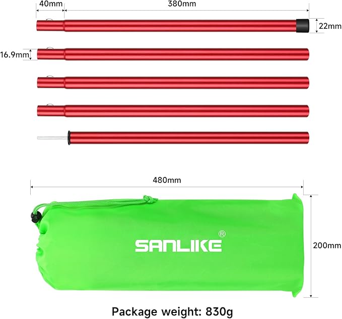 Tent Poles, SAN LIKE Aluminium Telescoping Adjustable Red Tarp Poles with Portable Bags, Heavy Duty Camping Tent Poles for Awnings Canopy Rain Fly Shelter Set of 2-(5 Sections with Adjustable Length)